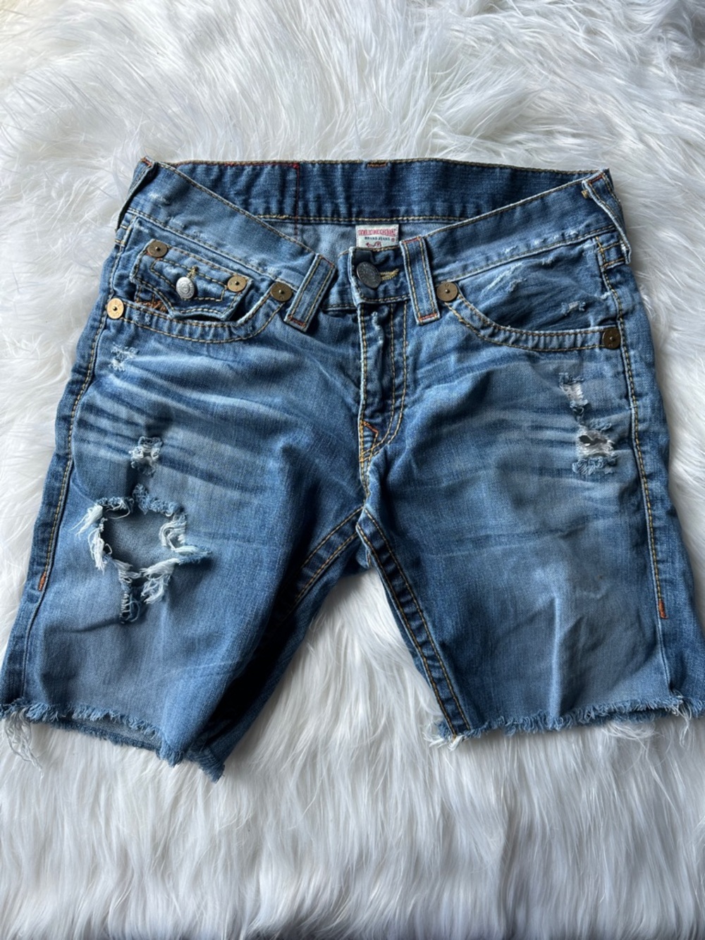 True Religion Distressed Denim Shorts in Medium Blue
